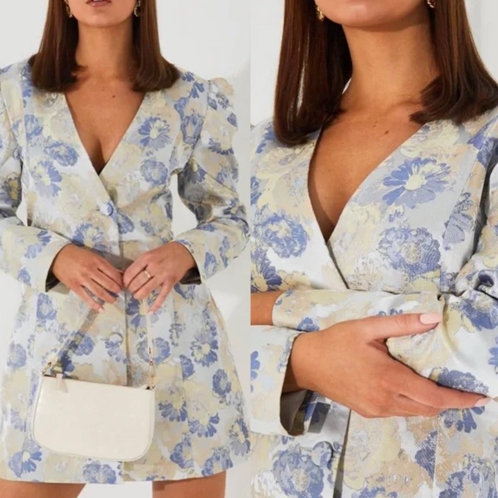 Bardot Jacquard Floral Mini Puff Sleeve Dress